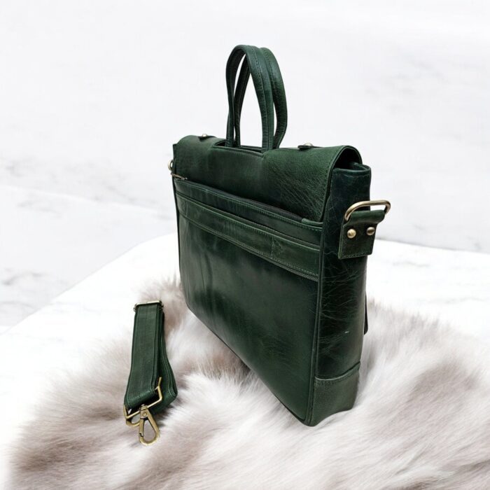 Side view of the Genuine Leather Laptop Bag featuring an adjustable shoulder strap