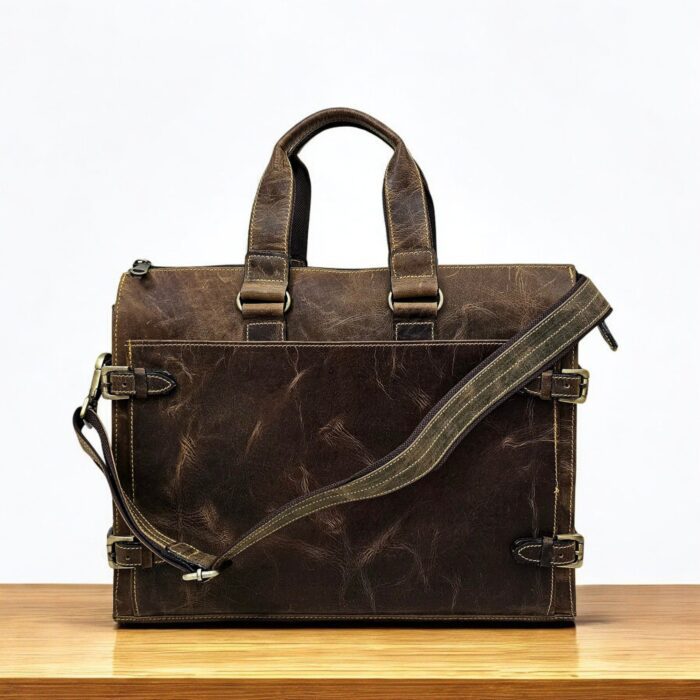 Handmade brown leather briefcase with a classic finish and premium craftsmanship, perfect for professionals and travelers