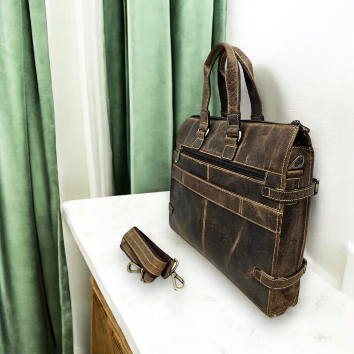 Handmade brown leather briefcase with a classic finish and premium craftsmanship, perfect for professionals and travelers