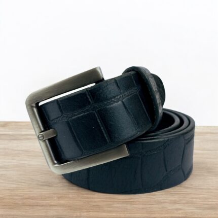 Black crocodile-embossed leather belt for men, luxury leather belt with polished metal buckle, premium croc-textured leather belt for formal and casual wear.