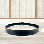Black crocodile-embossed leather belt for men, luxury leather belt with polished metal buckle, premium croc-textured leather belt for formal and casual wear.