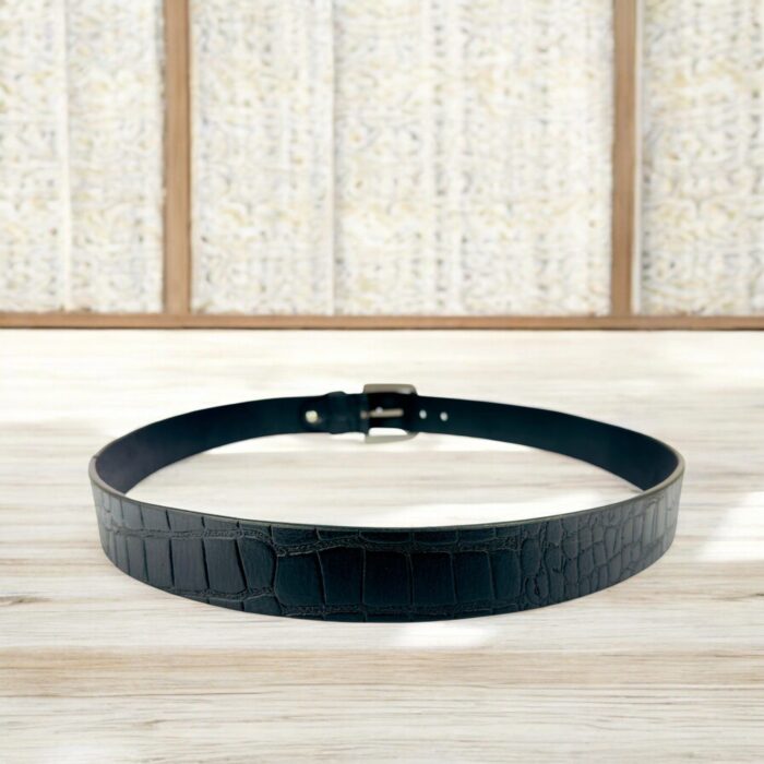 Black crocodile-embossed leather belt for men, luxury leather belt with polished metal buckle, premium croc-textured leather belt for formal and casual wear.