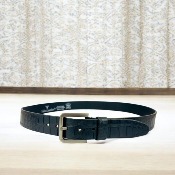 Black crocodile-embossed leather belt for men, luxury leather belt with polished metal buckle, premium croc-textured leather belt for formal and casual wear.