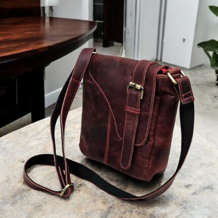 Handcrafted Red Leather Crossbody Bag – Premium full-grain leather sling bag with magnetic flap closure