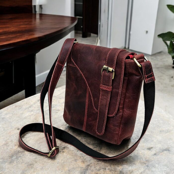 Handcrafted Red Leather Crossbody Bag – Premium full-grain leather sling bag with magnetic flap closure