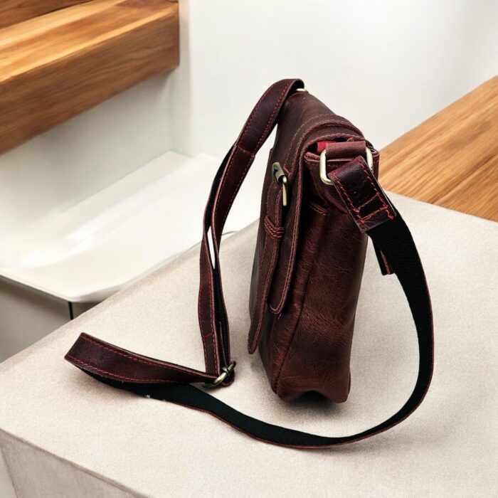 Handcrafted Red Leather Crossbody Bag – Premium full-grain leather sling bag with magnetic flap closure
