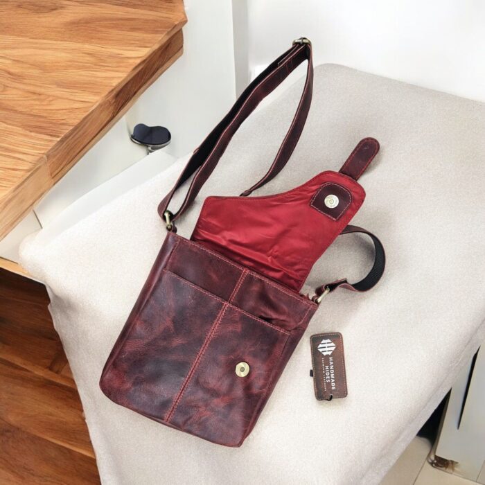 Handcrafted Red Leather Crossbody Bag – Premium full-grain leather sling bag with magnetic flap closure