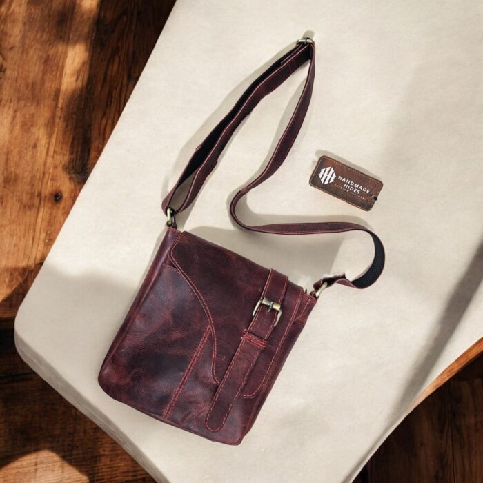 Handcrafted Red Leather Crossbody Bag – Premium full-grain leather sling bag with magnetic flap closure