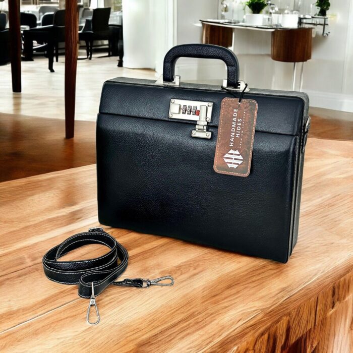 Premium Black Leather Briefcase – Genuine Leather Laptop Bag with Secure Lock