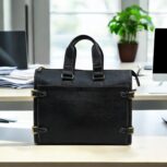 Premium black leather laptop bag with a sleek, professional design for business and travel.