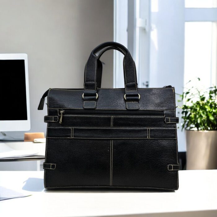 Premium black leather laptop bag with a sleek, professional design for business and travel.