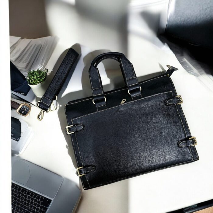 Premium black leather laptop bag with a sleek, professional design for business and travel.