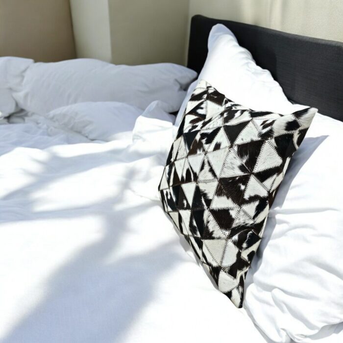 Geometric patchwork goat leather cushion cover