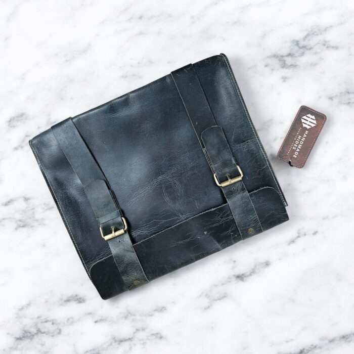 Handmade blue leather file folder for office use