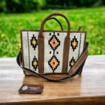Handwoven wool and leather tote bag with Aztec pattern