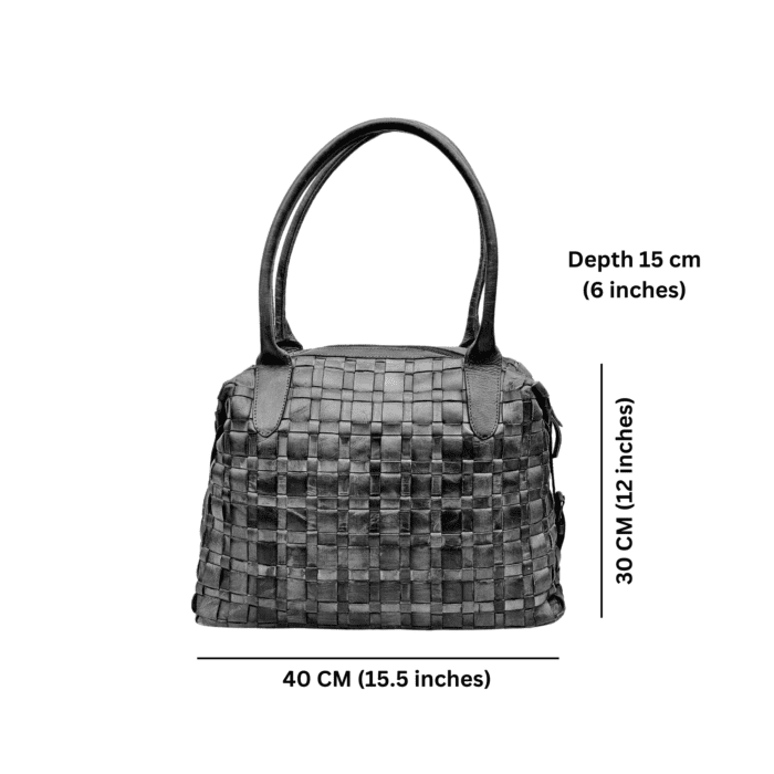 Handmade brown woven leather handbag with a spacious interior, secure zipper closure, and premium full-grain leather construction for a timeless look