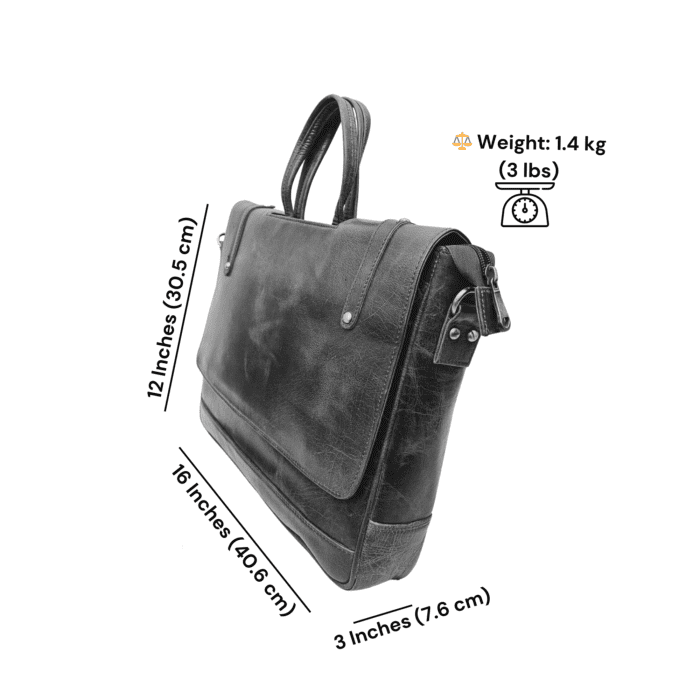 Handmade Green Leather Laptop Bag displayed with office essentials