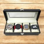 Luxury 4-slot crocodile-embossed leather watch box with a sleek glass top