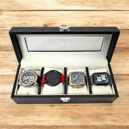Luxury 4-slot crocodile-embossed leather watch box with a sleek glass top