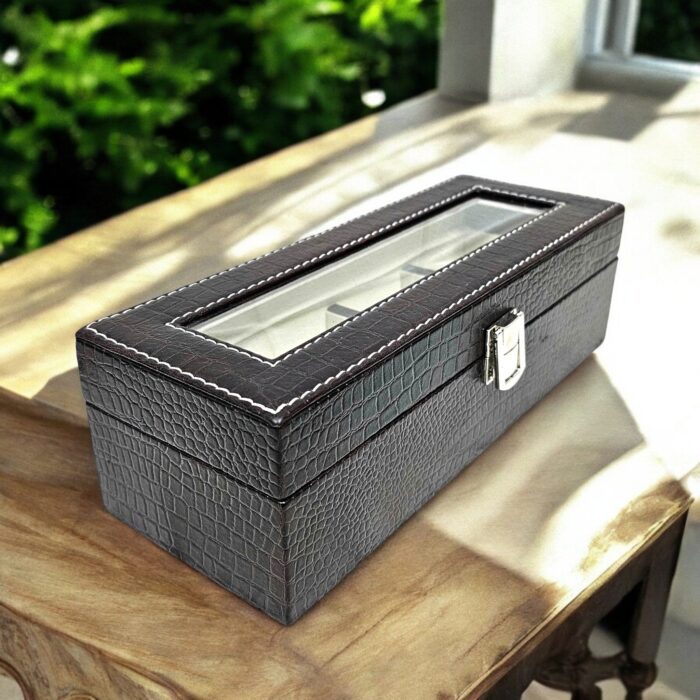 Luxury 4-slot crocodile-embossed leather watch box with a sleek glass top