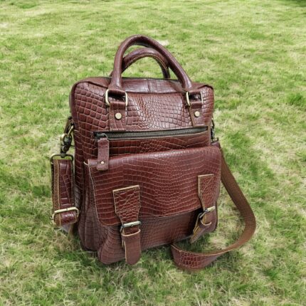 Handmade crocodile-embossed leather messenger bag – luxury laptop satchel