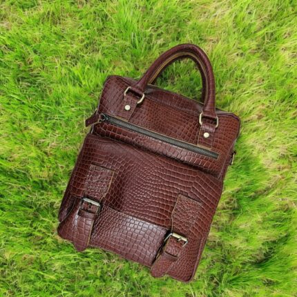 Handmade crocodile-embossed leather messenger bag – luxury laptop satchel