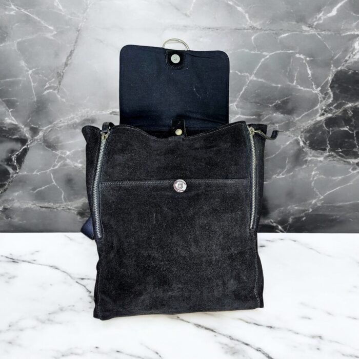 Handmade black suede leather backpack with soft, velvety texture