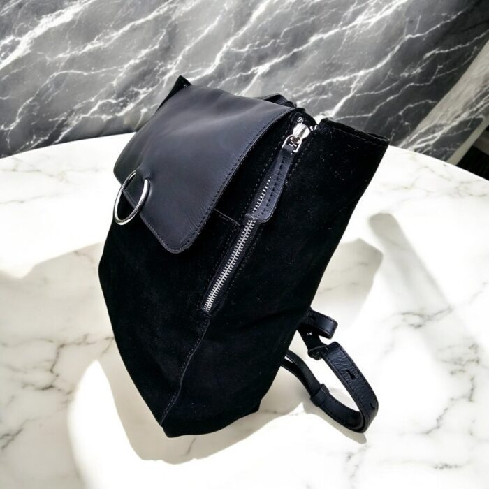 Handmade black suede leather backpack with soft, velvety texture