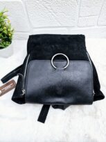 Handmade black suede leather backpack with soft, velvety texture