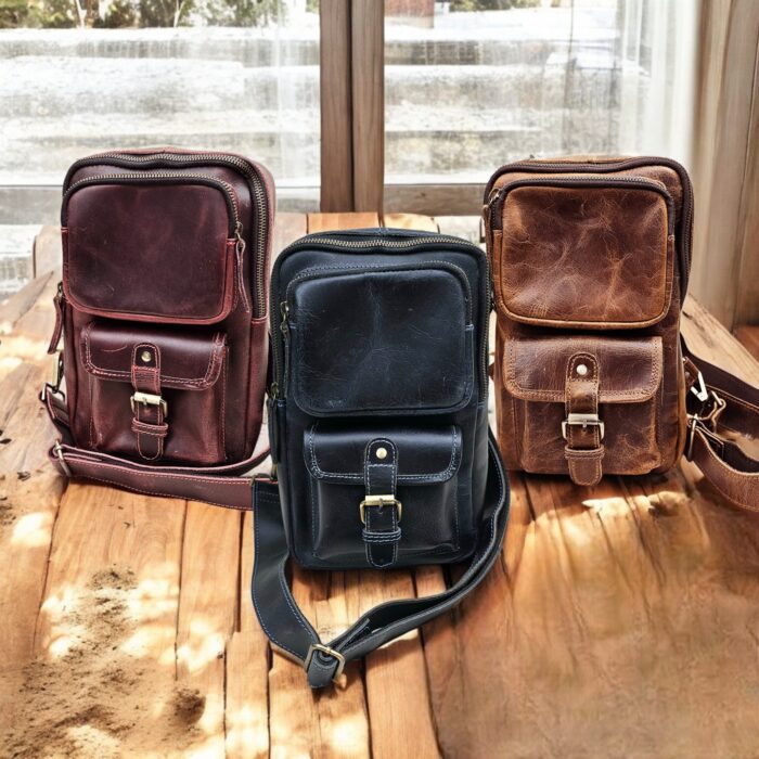 Handmade Luxury Leather Sling Bag with vintage design and multiple pockets