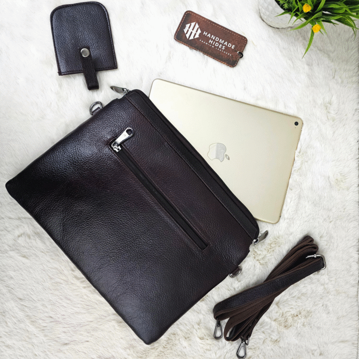 Handmade leather tablet sleeve in brown with strap