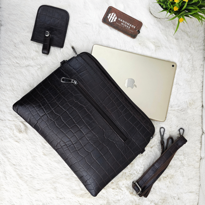 Handmade leather tablet sleeve in brown with strap