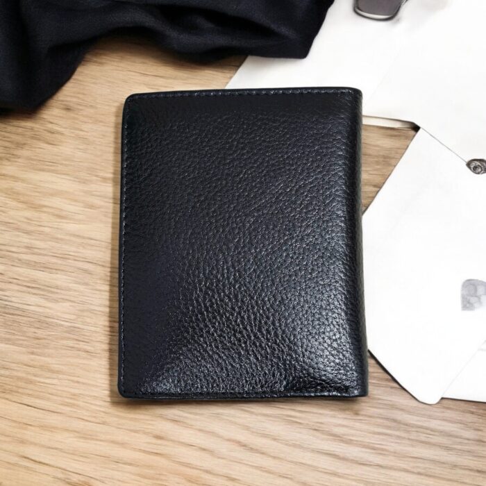 Handmade black genuine leather bifold wallet closed view