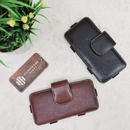Handcrafted leather phone holster with belt clip and loops – brown and black case for iPhone and Android