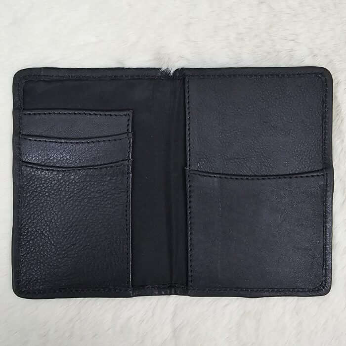 Hair-on-hide leather passport holder open with cards