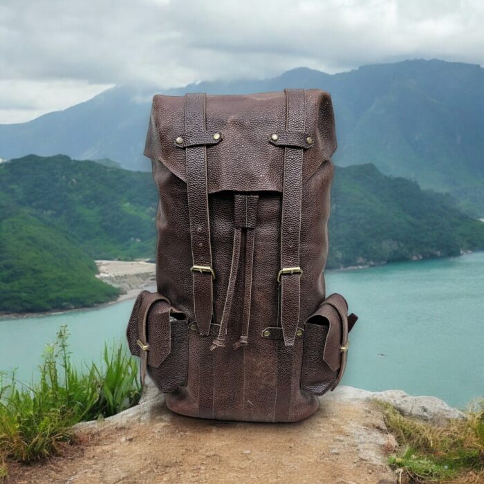 Handcrafted dark brown leather backpack