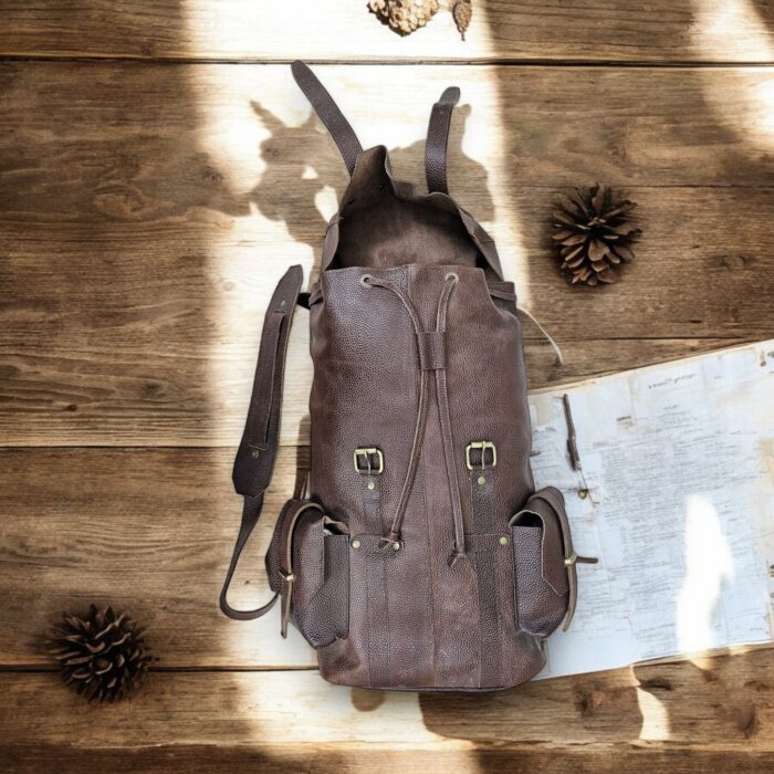 Handcrafted dark brown leather backpack