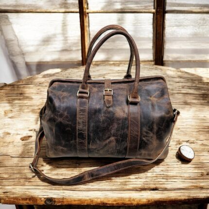 Vintage brown leather duffle bag, Handmade Leather Bags
