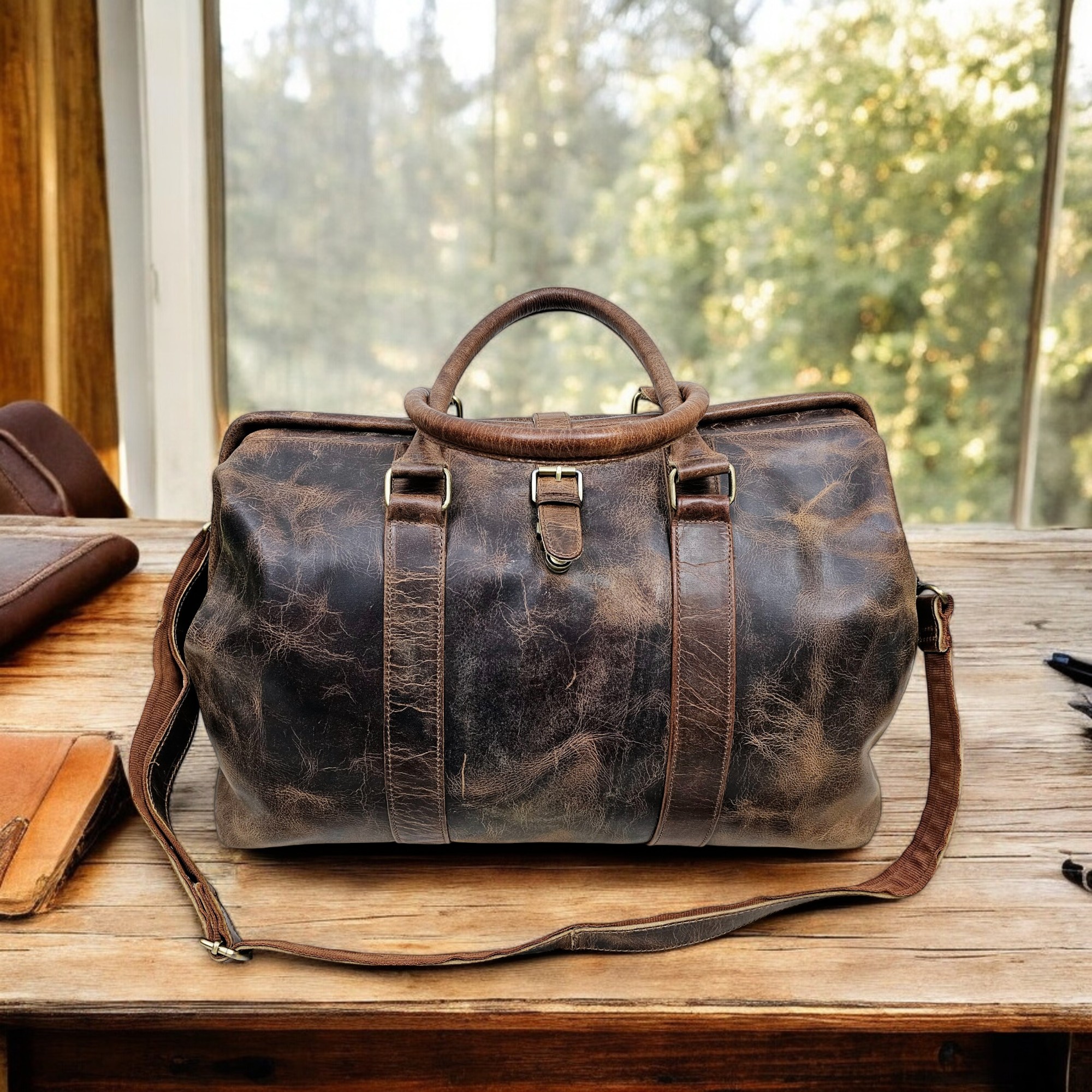 Handmade leather duffle bag