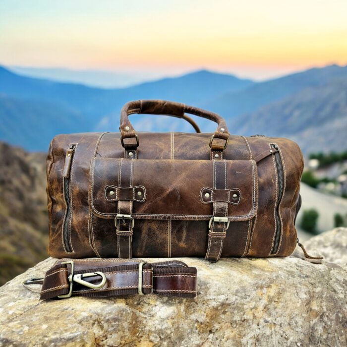 Handmade brown leather duffle bag