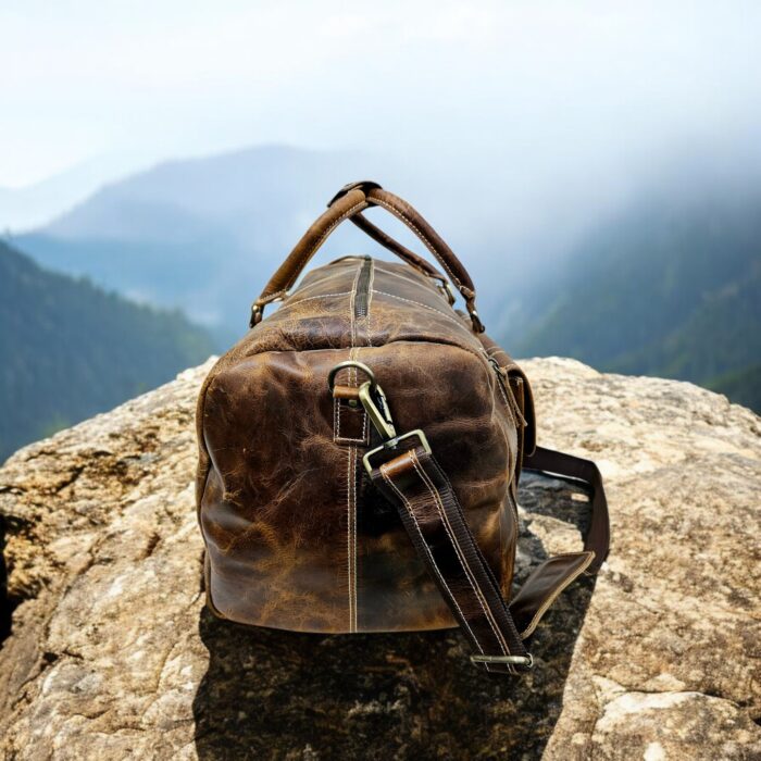 Handmade brown leather duffle bag