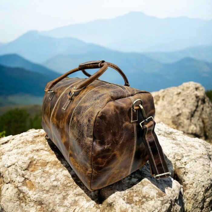 Handmade brown leather duffle bag