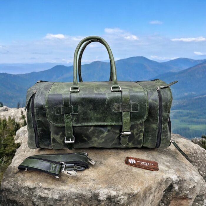 Handmade green leather duffle bag