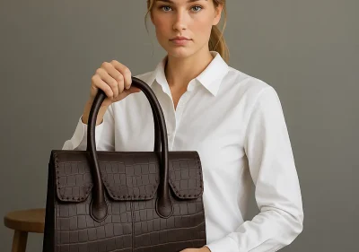 dark brown crocodile-embossed leather handbag with a structured silhouette.